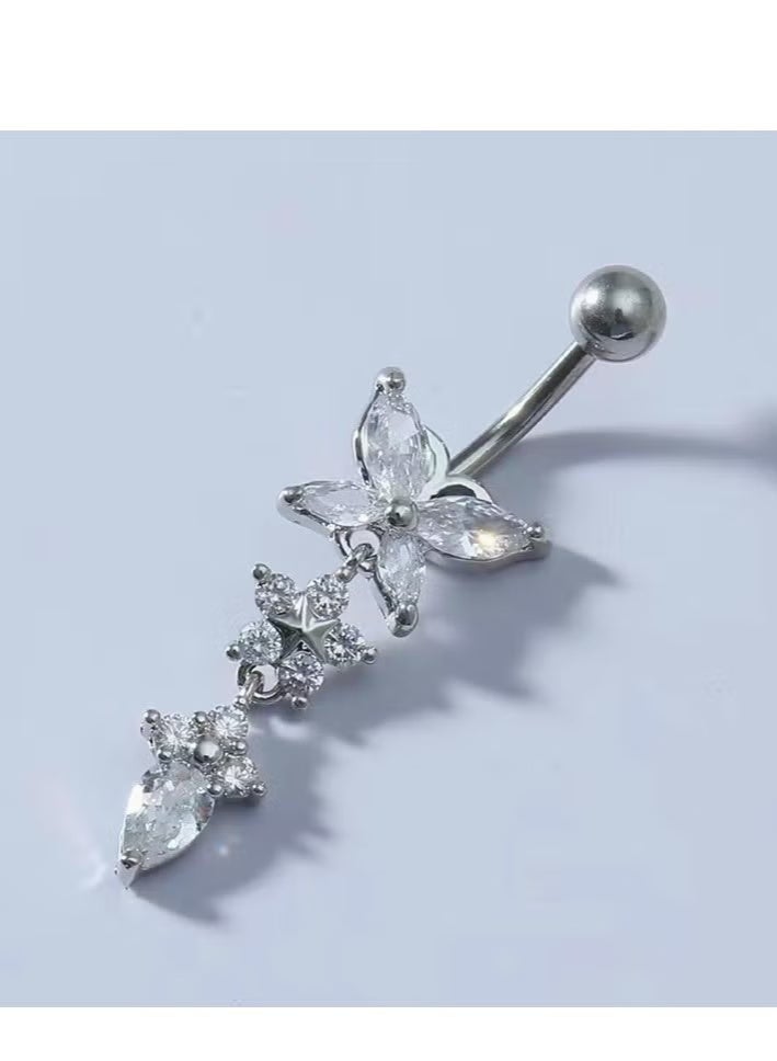 مجموعة 5 قطع من خواتم البطن الفضية، مصنوعة من الفولاذ المقاوم للصدأ، للفتيات، بتصميم لامع ونجمي، مزينة بالحصانات، خاتم البطن، تجليد جلدية، هدايا مثالية للمناسبات مثل العطلات والمناسبات الاجتماعية والزواج - Image 2